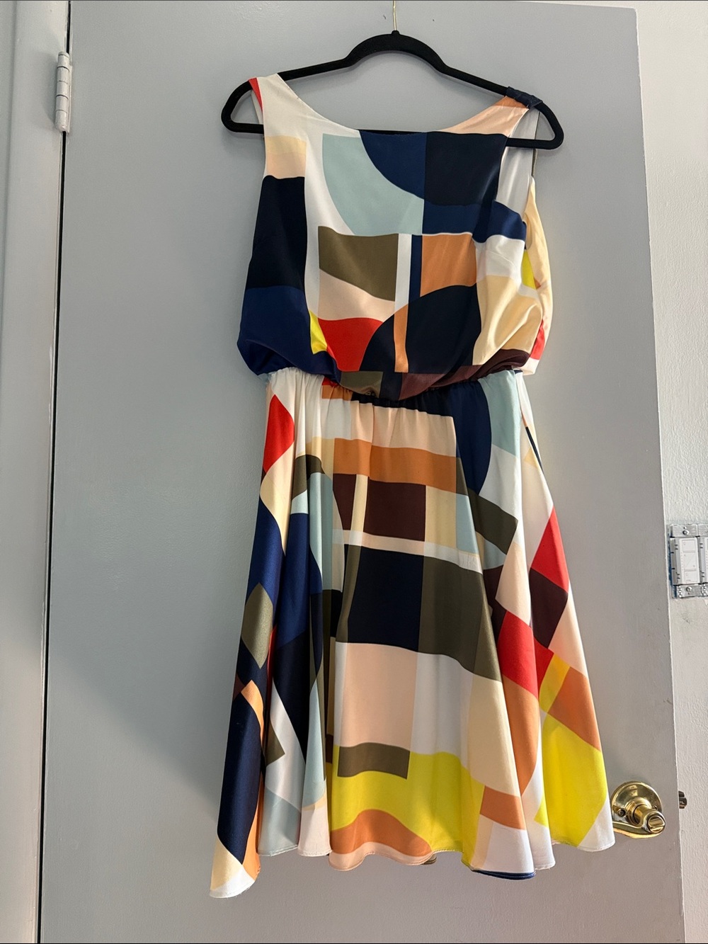 Vince Camuto One-Shoulder Geometric Print Dress in Navy, Red, Yellow, Olive
